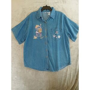 Vtg PTNY Denim Shirt 3X‎ Bird Floral Garden Short Sleeve Cottagecore Applique